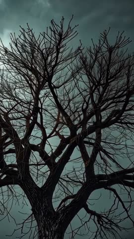 Vertical video of leafless tree branches swaying under drifting grey clouds, moody wilderness