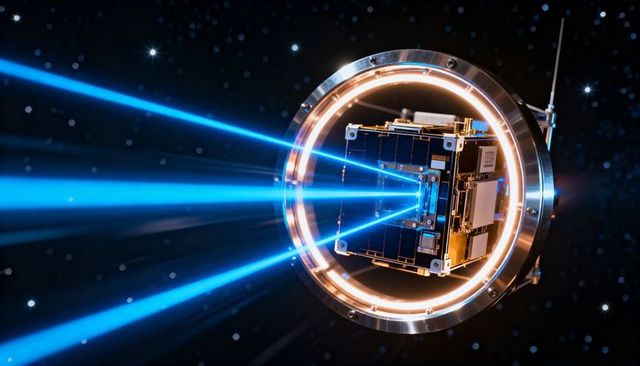 Rim-lit cubesat emitting blue laser beams through metallic aperture over starfield concept