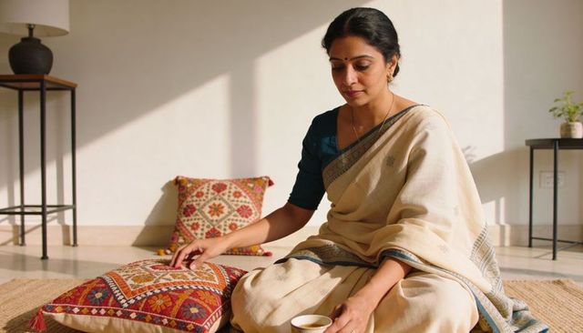 Serene woman in cream saree holding cup while arranging embroidered cushion in sunlit room