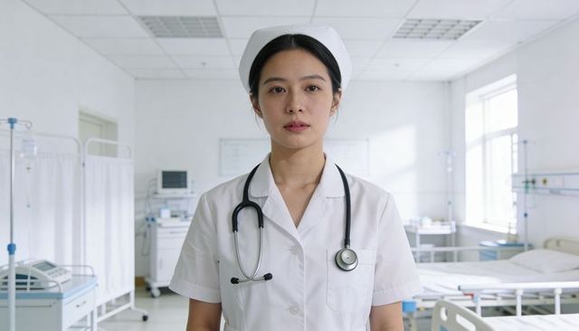 Nurse standing in hospital ward wearing white uniform and stethoscope, clinical care focus