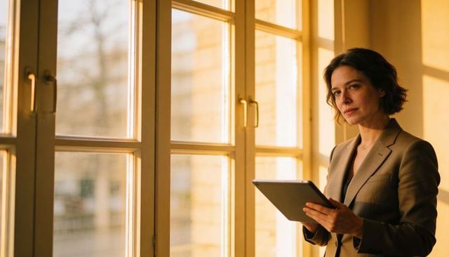 Executive woman holding tablet by sunlit paned windows contemplating business decisions