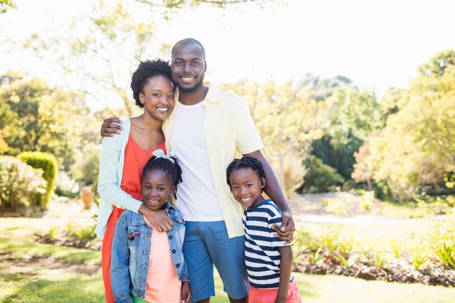 Family of four enjoying a sunny day in the park, smiling and posing for the camera. Perfect for use in advertisements, family-oriented content, lifestyle blogs, and promotional materials highlighting family values and outdoor activities.