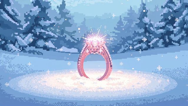 Pixel art glowing rose gold engagement ring sparkling in snowy forest clearing