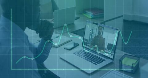 Business professional engaging in virtual meeting with financial analytics