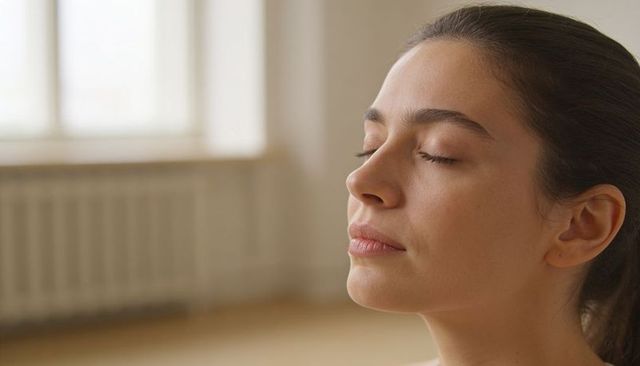 Calm young woman practicing deep breathing with closed eyes in bright minimalist interior