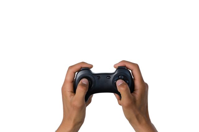 Cropped of hand holding controller against white background