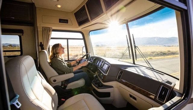 Woman driving rv on sunlit country road smiling during scenic motorhome road trip