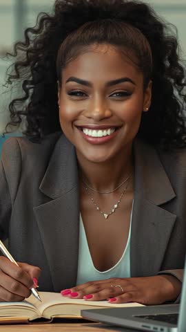 Vertical video: Confident professional woman smiling while writing in notebook at modern desk