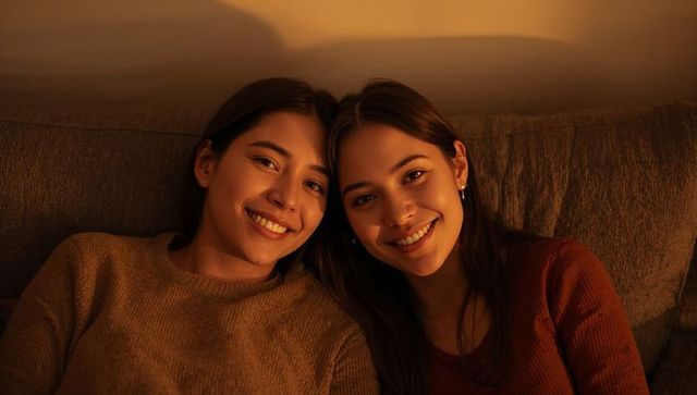 Two women leaning together smiling on cozy sofa, warm golden-hour living room moment
