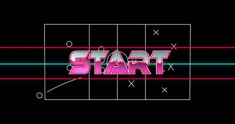 Futuristic Start Text with Vibrant Neon Glow and Geometric Grid