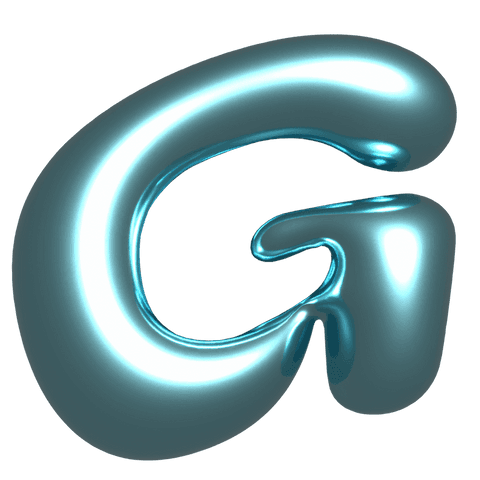 Glossy cyan 3d metal letter g floating on transparent canvas with reflective chrome finish