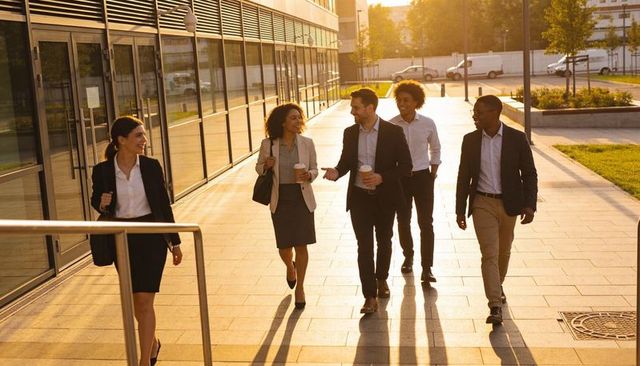 Business team walking and chatting with coffee outside modern office building at sunset