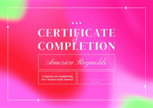 Composition of course completion certificate text over vibrant pink and green pattern. Certificates and documents concept digitally generated image.