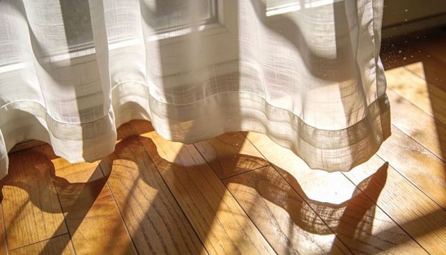 Sheer curtain hem casting wavy sunlight and dust on warm hardwood floor