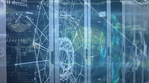 Digital Data Network Animation Over Server Room Depicting Technology