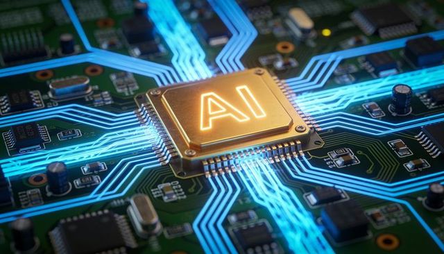 Gold ai chip radiating neon blue circuit traces on pcb close-up