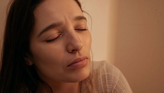 Serene woman with closed eyes basking in warm light, soft knit top, calm intimate portrait