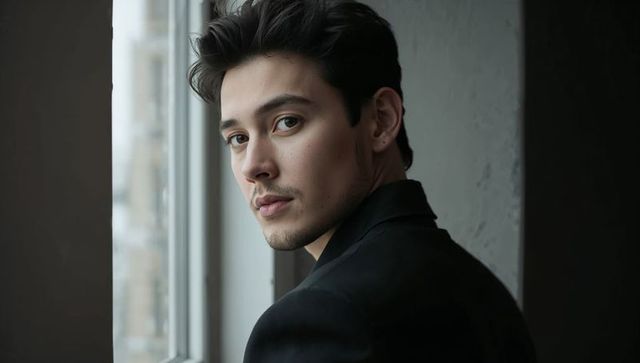 Moody urban portrait of young man turning toward window in dark blazer and stud earring