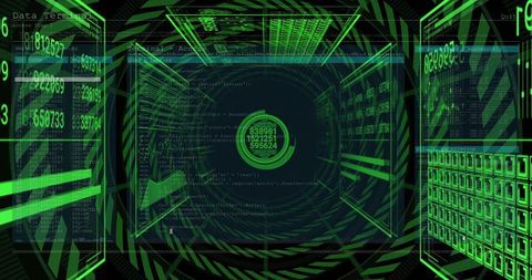 Projecting neon green cyber HUD inside data tunnel with concentric rings and code panels