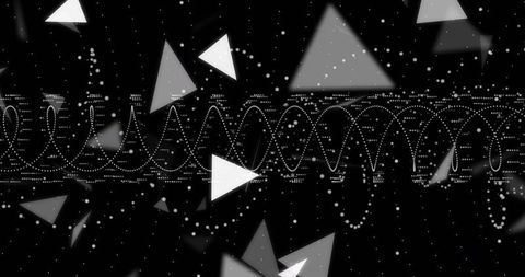Monochrome sinusoidal waveform with floating triangles, dotted signal, particles, motion