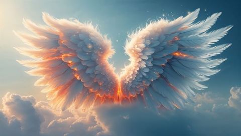 Ethereal angel wings with glowing highlights and clouds