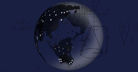 Abstract globe concept with mathematical formulas and 3d cone