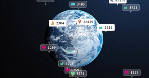 Planet Earth Surrounded by Social Media Symbols and Counters