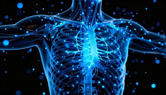 Glowing Blue Torso Showing Ribcage Trachea Spine Neural Vascular Network Visualization