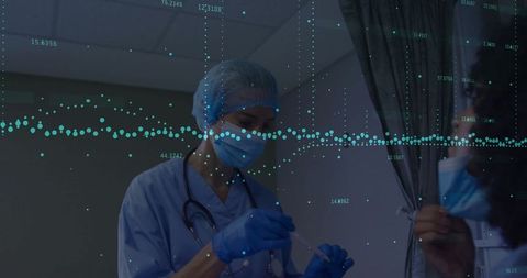 Healthcare professional preparing test sample with digital overlay data