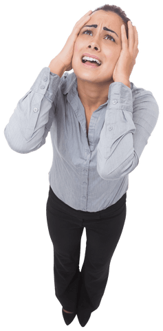 Caucasian Businesswoman Holding Head with Transparent Background