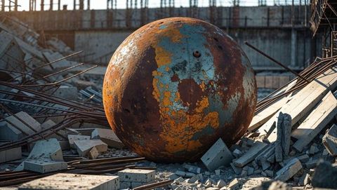 Rusted wrecking ball among demolition rubble, industrial decay