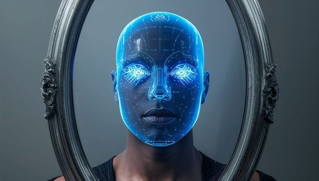Displaying blue holographic face overlay reflecting in ornate mirror, futuristic ai visage