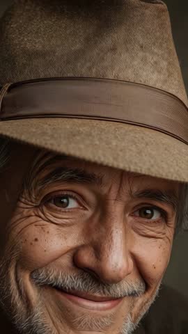 Smiling senior man wearing brown fedora and jacket, projecting warmth in vertical portrait video