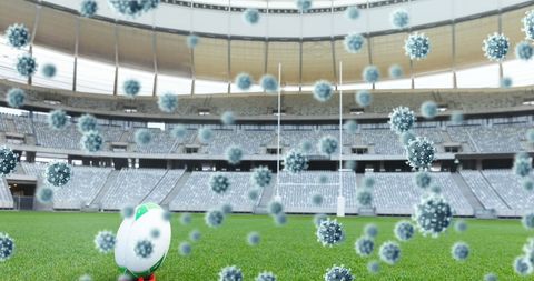 Rugby stadium with floating covid-19 cells