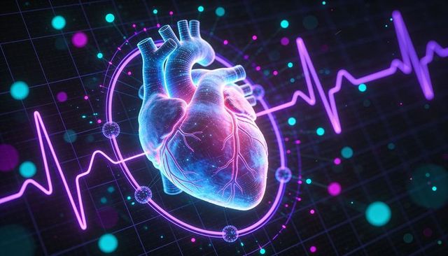 Neon holographic 3d heart with ecg waveform, cybernetic telemetry hud and grid
