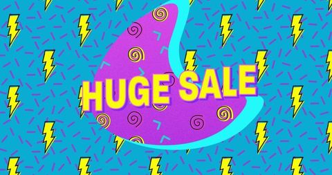 Huge sale retro memphis neon banner with lightning bolts confetti pop art vibrant
