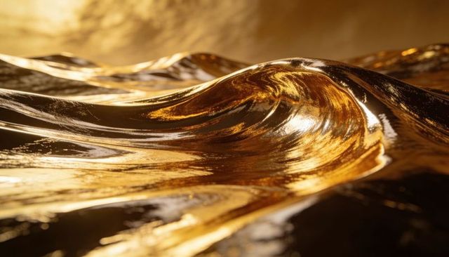 Shimmering golden liquid wave closeup showcasing glossy metallic flow and reflections