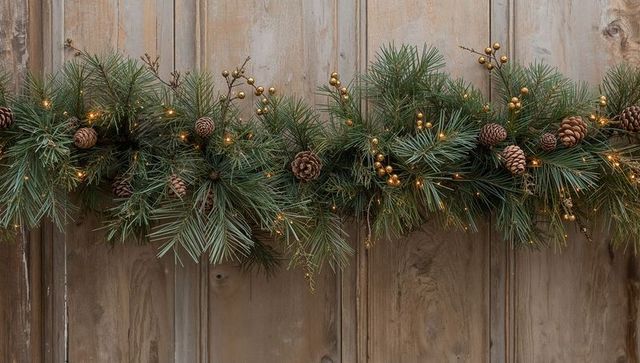 Rustic pine garland draping across worn wood door featuring pine cones and warm lights