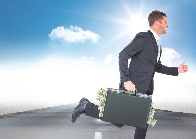 Businessman running on a road with a briefcase filled with money protruding. Ideal for illustrating concepts of success, financial investment, or urgency. Use in blogs, advertisements, or financial services marketing.