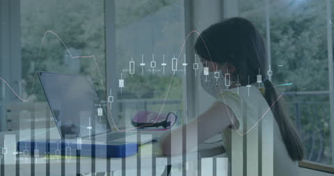 Young Student with Laptop Studying Inside Graph Overlay