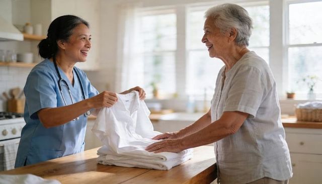 Home care nurse folding laundry and chatting with smiling senior in sunny kitchen