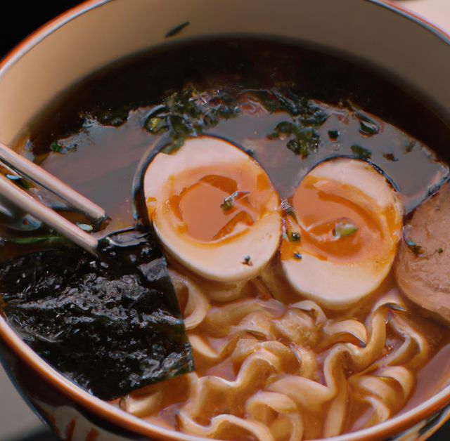 Close up of ramen in bowl on black background created using generative ai technology. Food and nutrition concept, digitally generated image.