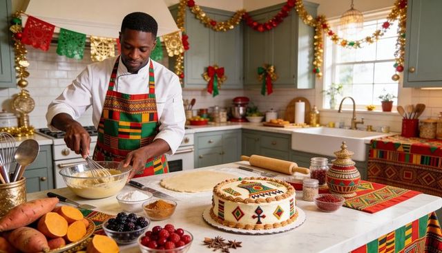 Festive holiday baking with chef wearing colorful kente apron and decorated cultural cake