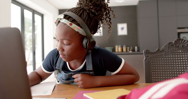 African american girl with headphones learning online using laptop at home. Lifestyle, learning, online education, communication, childhood and domestic life, unaltered.