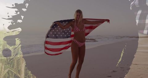 Patriotic Woman with USA Flag Enjoying Beach Sunset