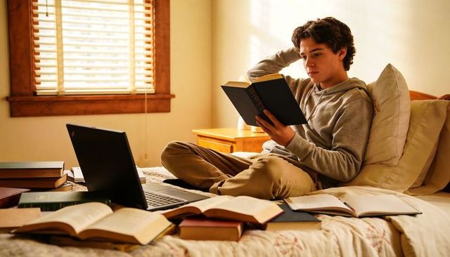 Teen student reading on bed surrounded by books and laptop for remote study