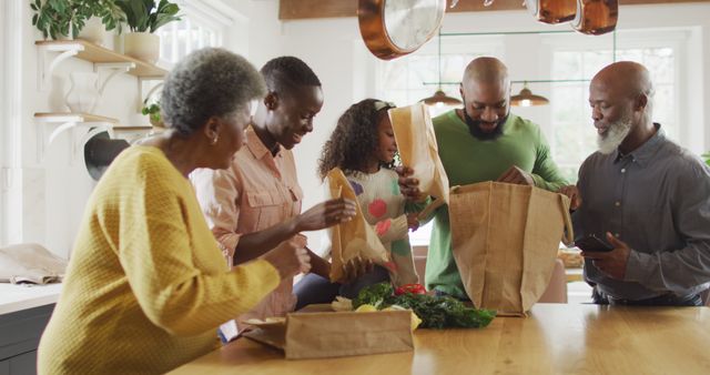 Image of happy african american parents with daughter and grandparents, arriving home with shopping. Family, domestic life and togetherness concept digitally generated image.