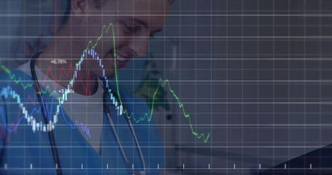 Physician studying tablet with medical analytics overlay, hospital monitoring and data