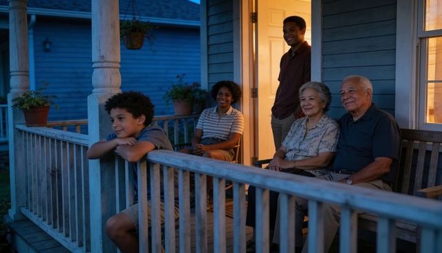 Multigenerational family relaxing on front porch at twilight, cozy evening together