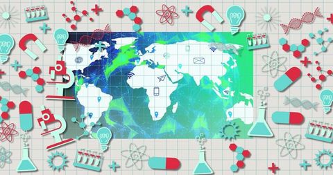 Global Connectivity and Innovation with World Map and Science Icons